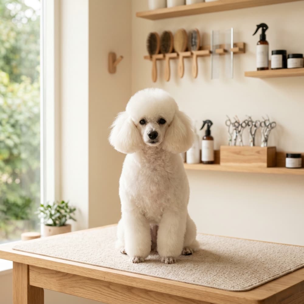 Freshly groomed white poodle in a bright Scandinavian grooming salon
