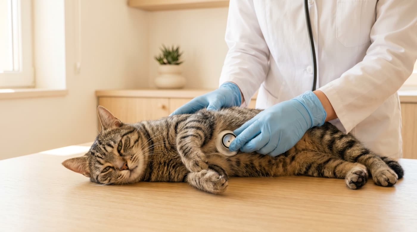 Veterinarian gently examining a relaxed tabby cat with a stethoscope