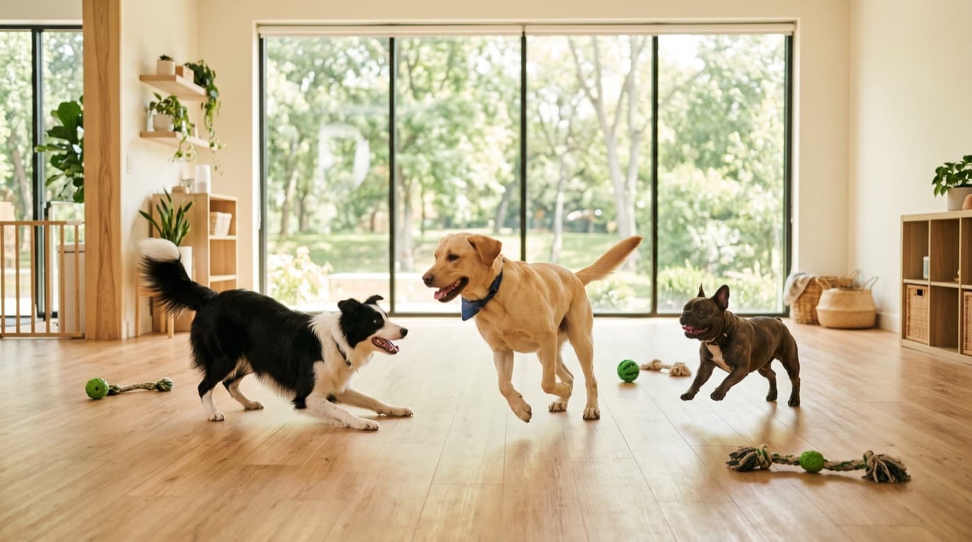 Three happy dogs playing together in a bright indoor play area