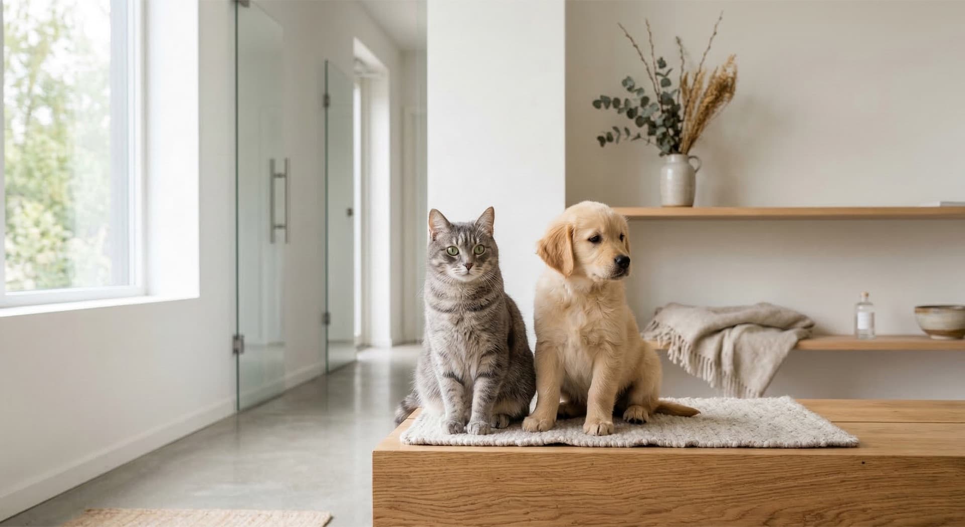 Cat and golden retriever puppy sitting together in a Scandinavian interior